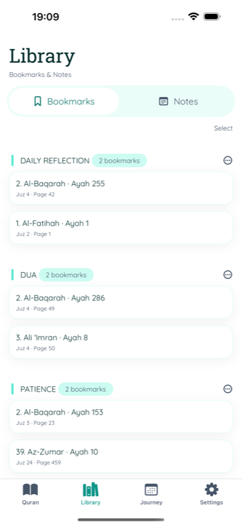 Library screen showing bookmark categories and saved ayahs.