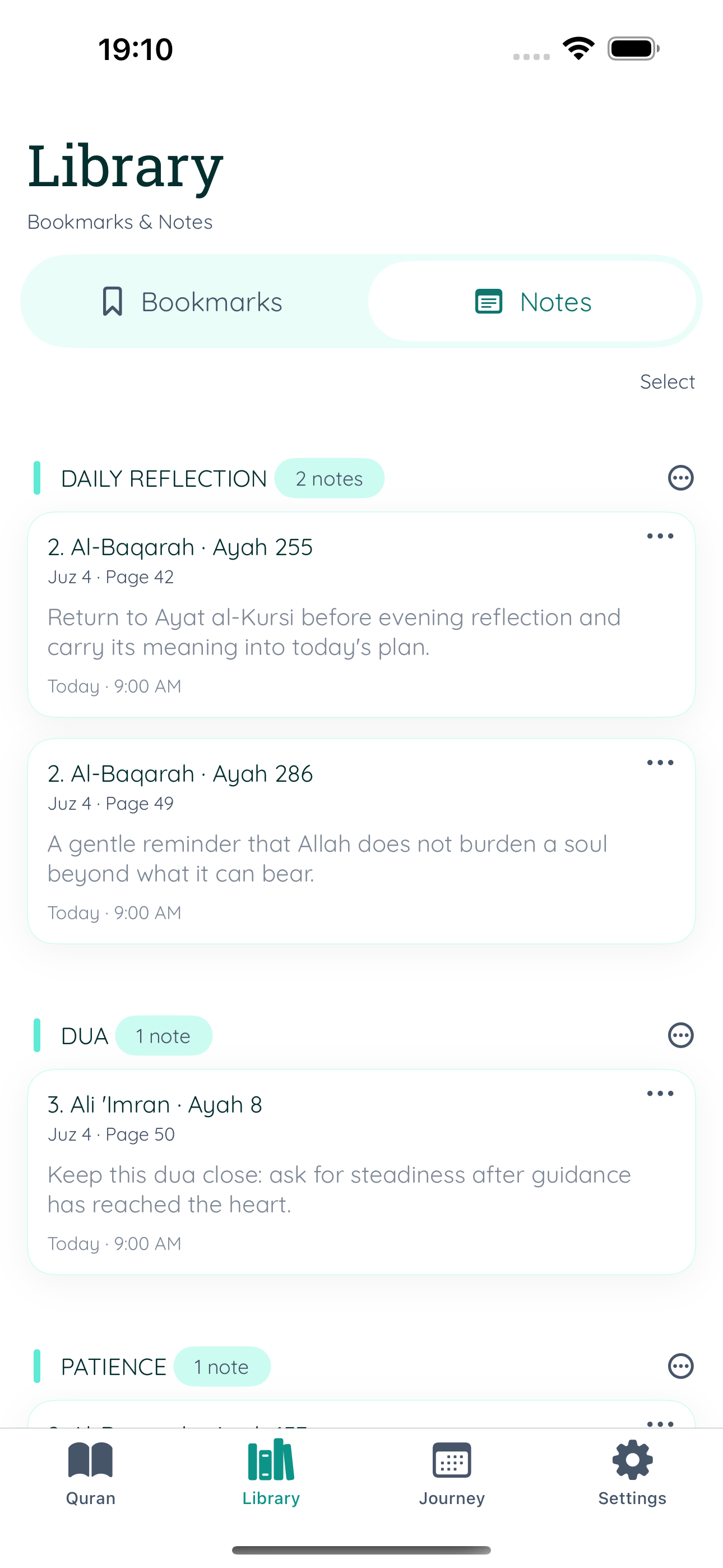 Library Notes screen showing personal reflections saved for individual ayahs