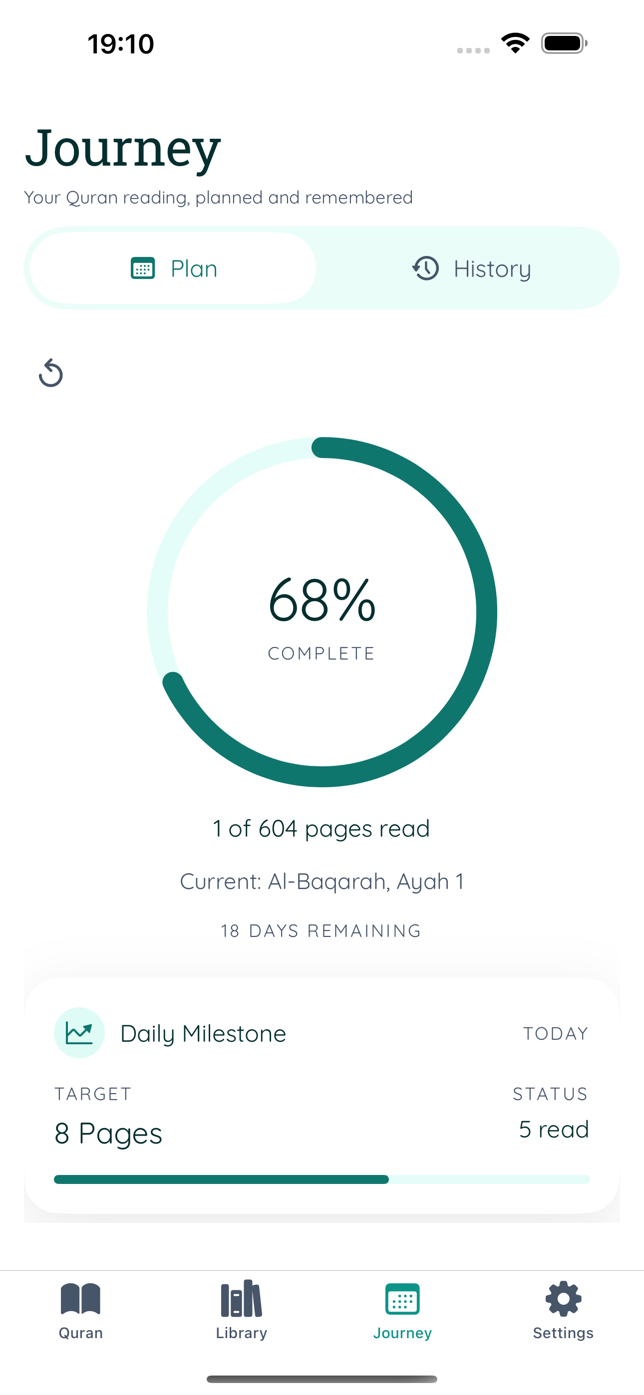 Journey screen with a progress ring, days remaining, and daily page milestone