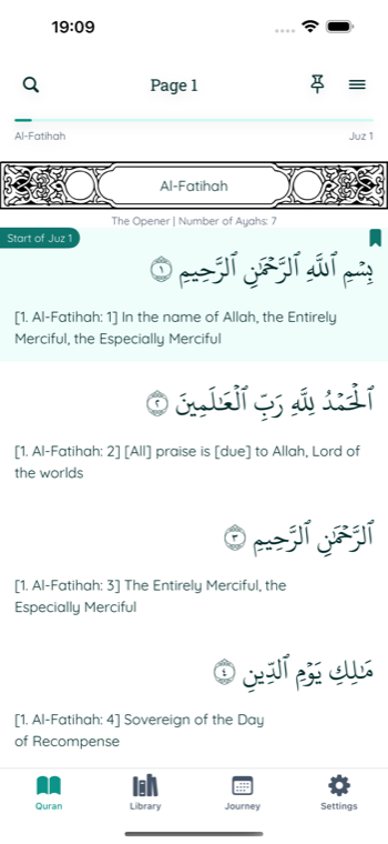 My Quran Reader showing Quran text and translation in the reader.